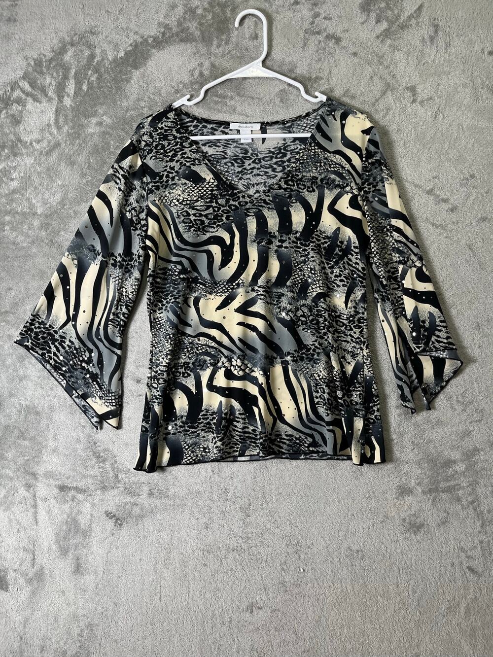 Vintage Y2K Animal Print Sequin Top Zebra Leopard Bell Sleeve Black Cream Large